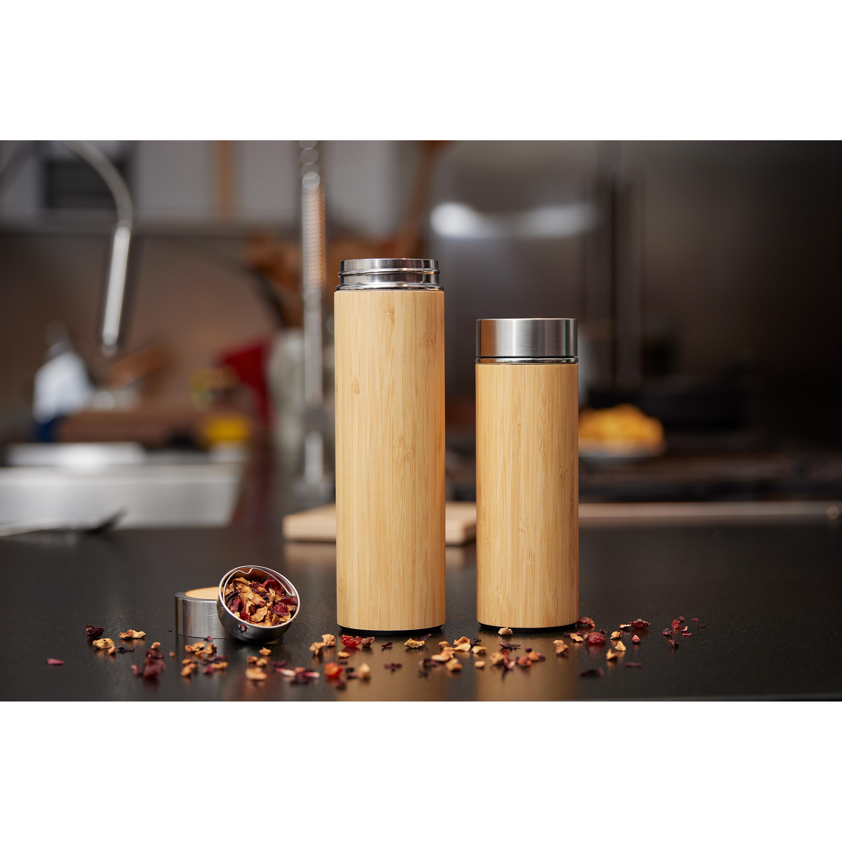 Vakuum-Isolierflasche Edelstahl mit Bambus, 0,35 l, bedruckbar