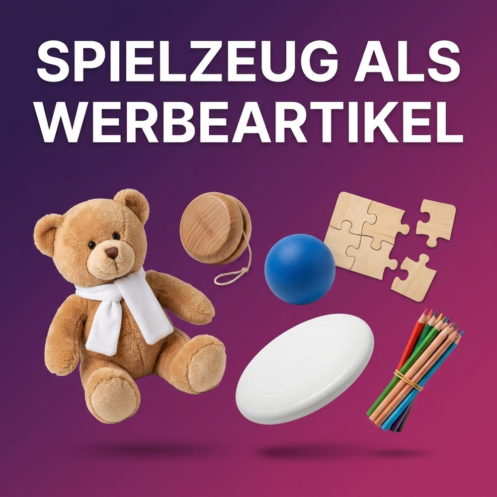 Spielzeug als Werbeartikel – Plüschbär mit Halstuch, Jo-Jo, Stressball, Holzpuzzle, Wurfscheibe und Buntstifte vor violettem Hintergrund