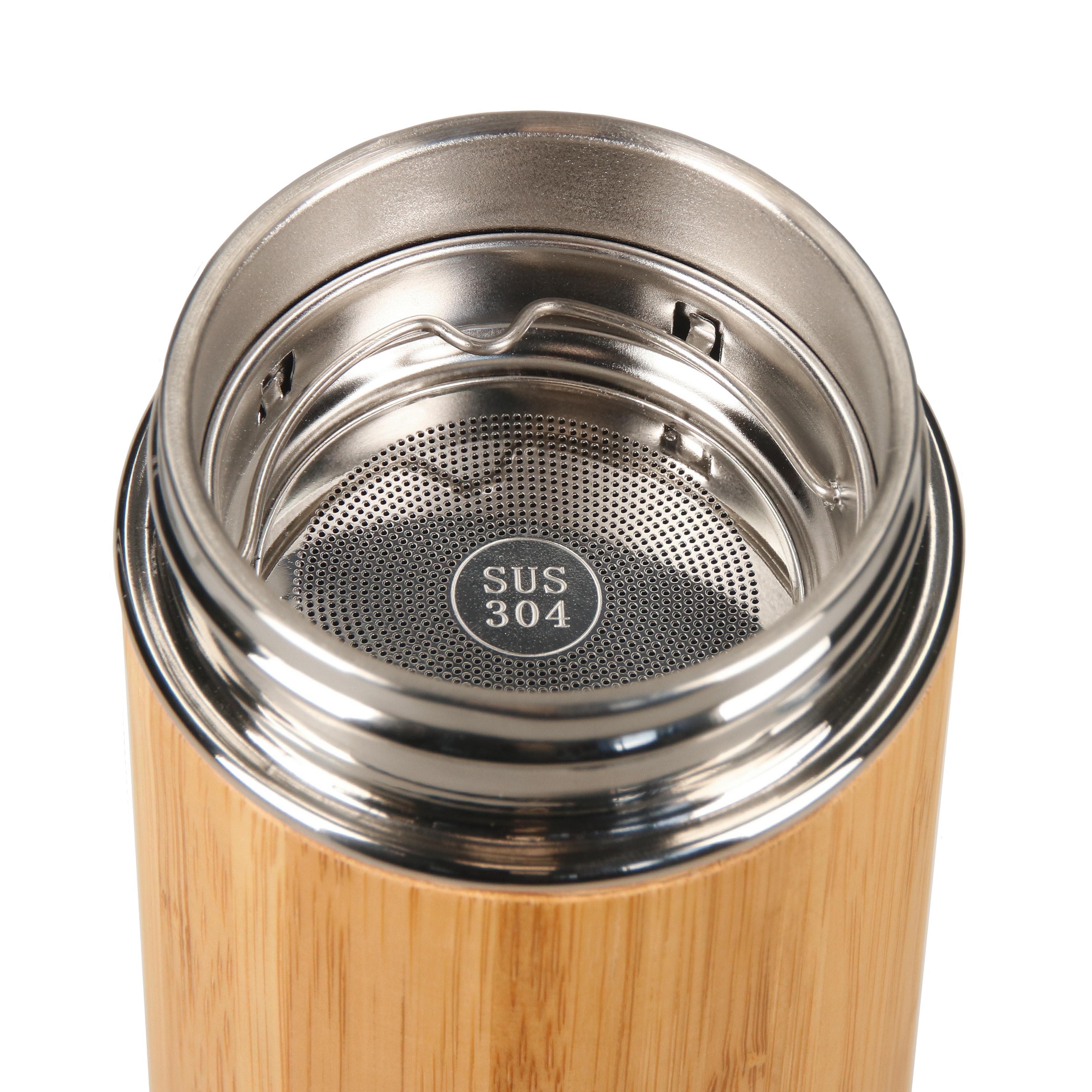 Vakuum-Isolierflasche Edelstahl mit Bambus, 0,35 l, bedruckbar
