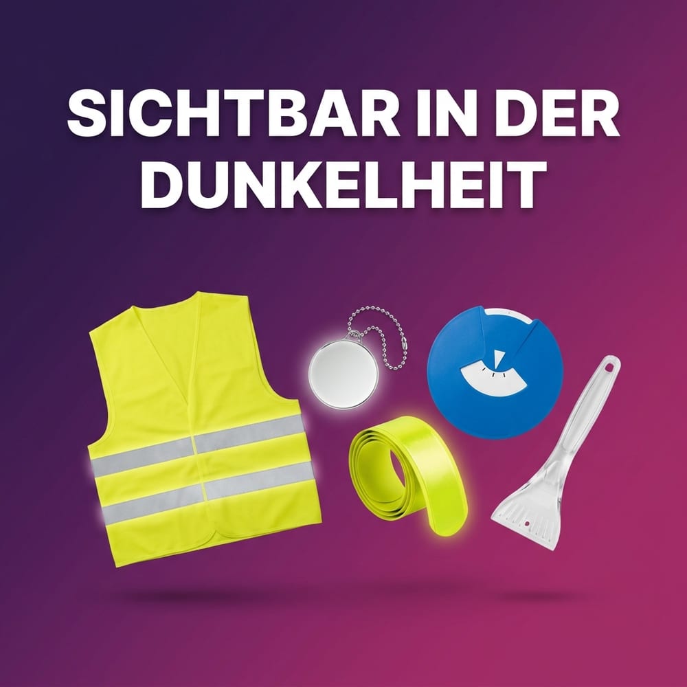 Warnweste als Werbeartikel – gefaltete gelbe Warnweste mit Reflexstreifen, Reflektor-Anhänger, Schnapparmband, Parkscheibe und Eiskratzer vor violettem Farbverlauf