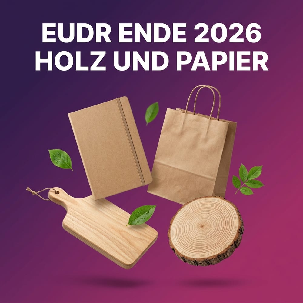 EU-Entwaldungsverordnung bei Werbeartikeln – Notizbuch aus Kraftpapier, Papiertragetasche, Holzbrett und Baumscheibe mit grünen Blättern vor violettem Farbverlauf