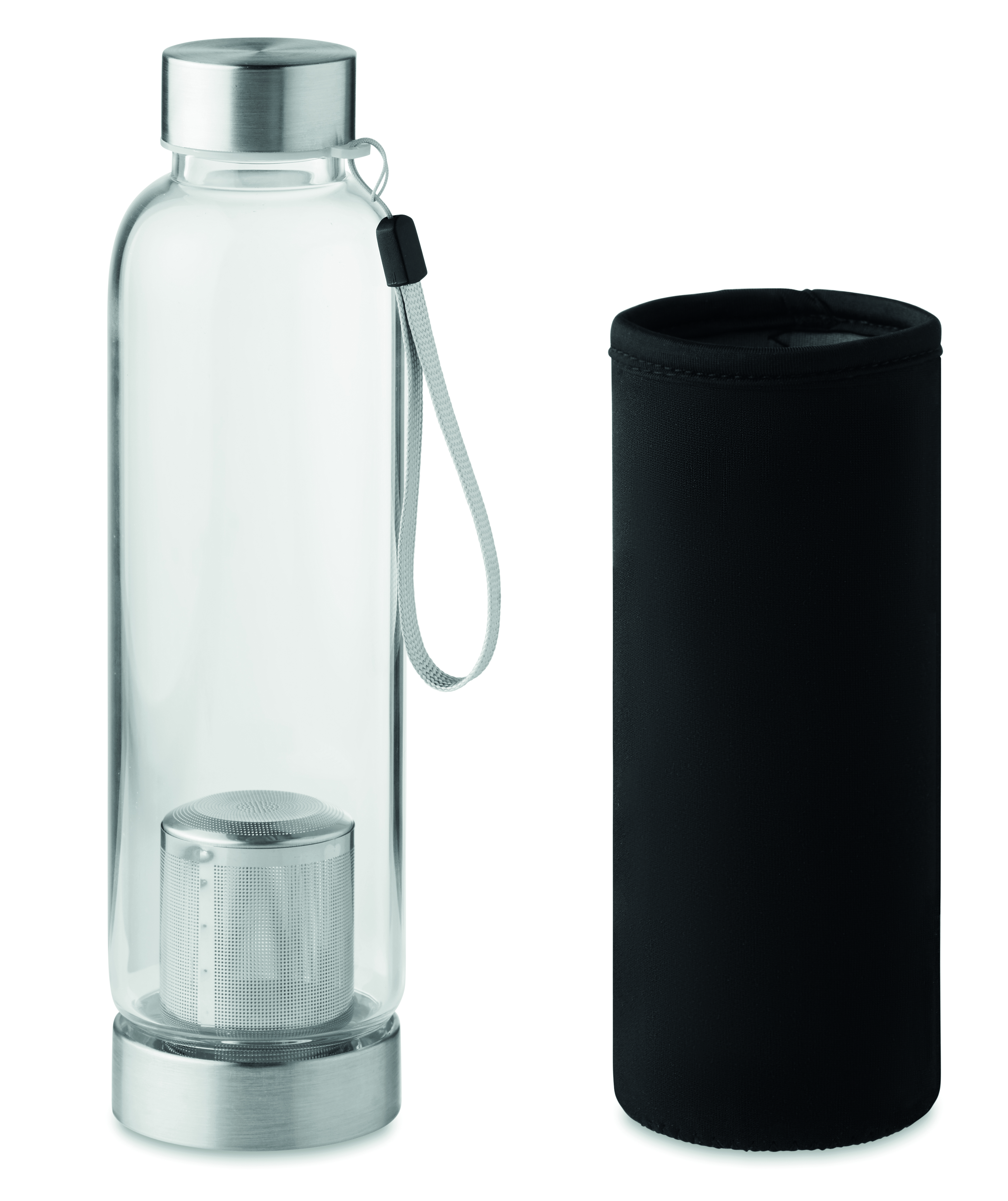Glas-Trinkflasche UTAH TEA 500 ml mit Tee-Sieb & Schutzhülle, bedruckbar