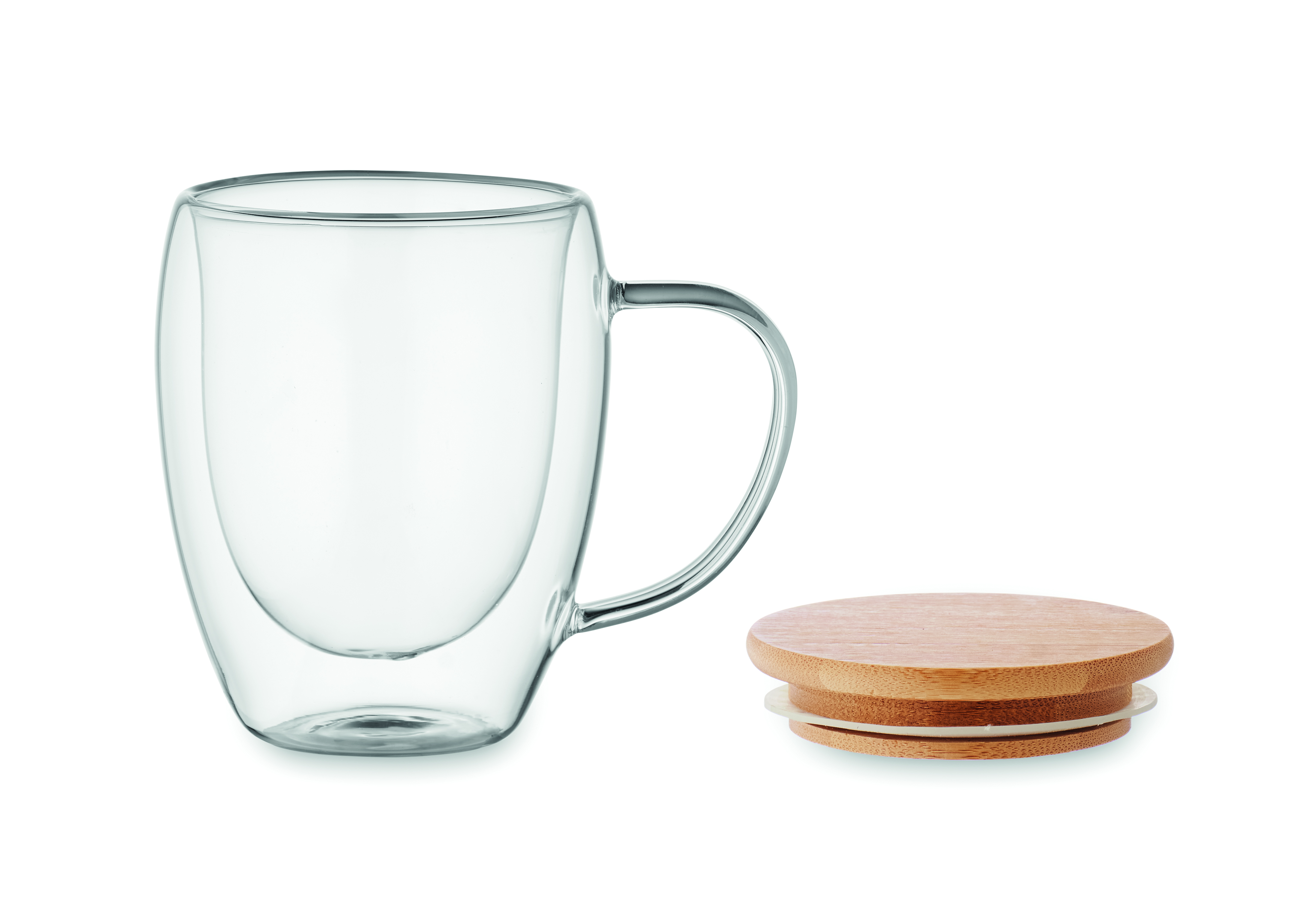 Borosilikatglas TIRAL 250 ml doppelwandig mit Bambusdeckel – bedruckbar