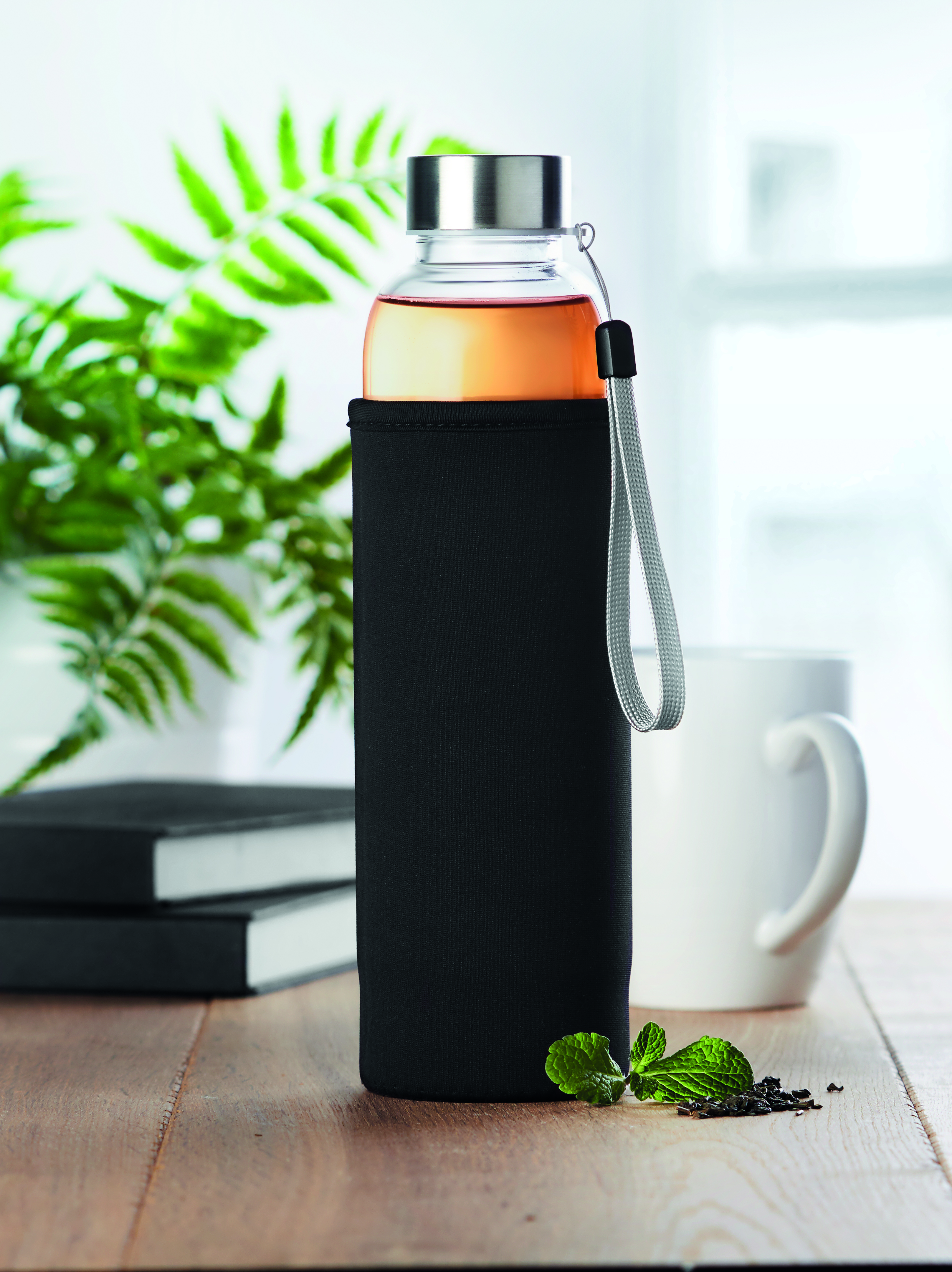 Glas-Trinkflasche UTAH TEA 500 ml mit Tee-Sieb & Schutzhülle, bedruckbar