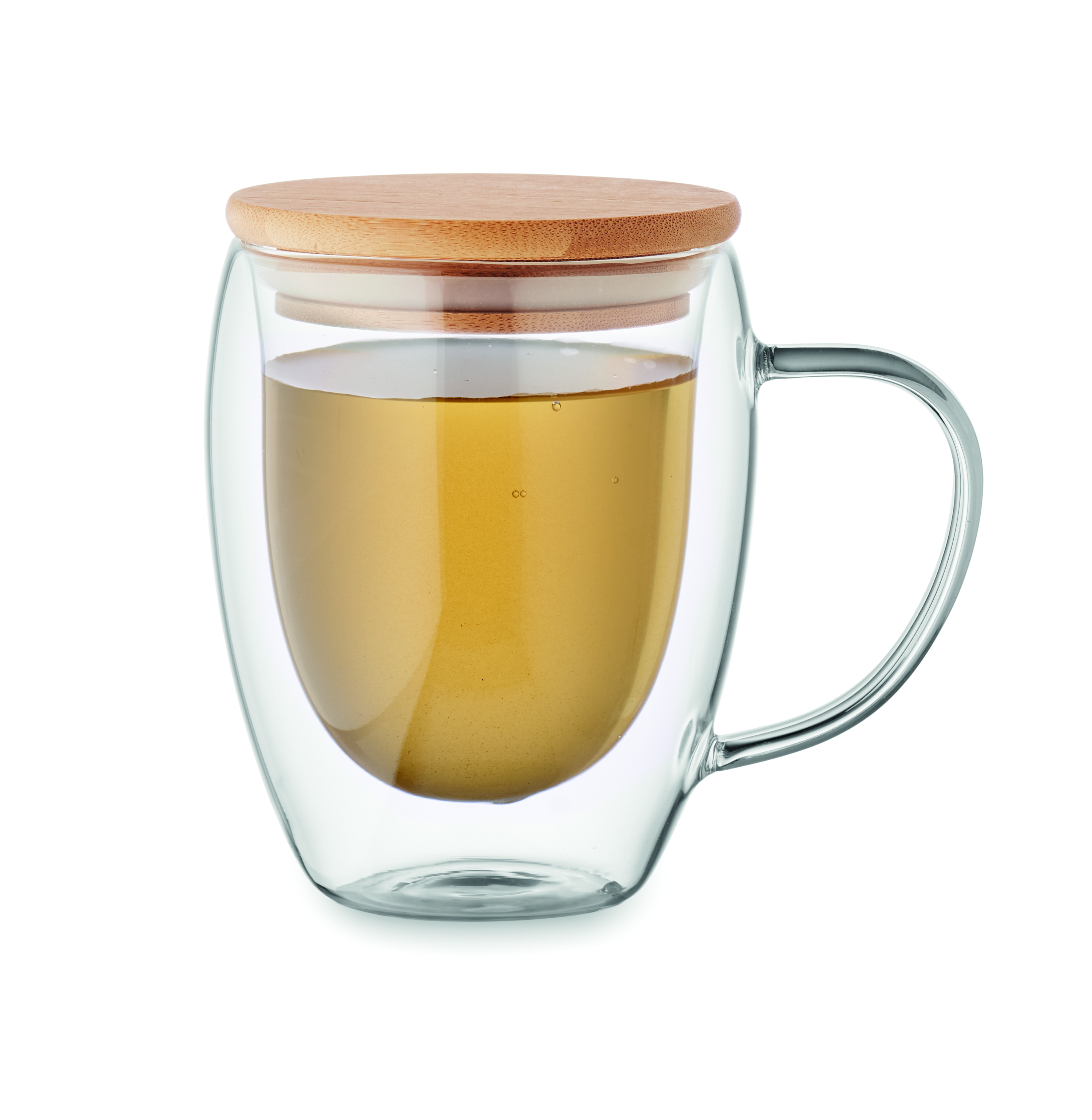 Borosilikatglas TIRAL 250 ml doppelwandig mit Bambusdeckel – bedruckbar