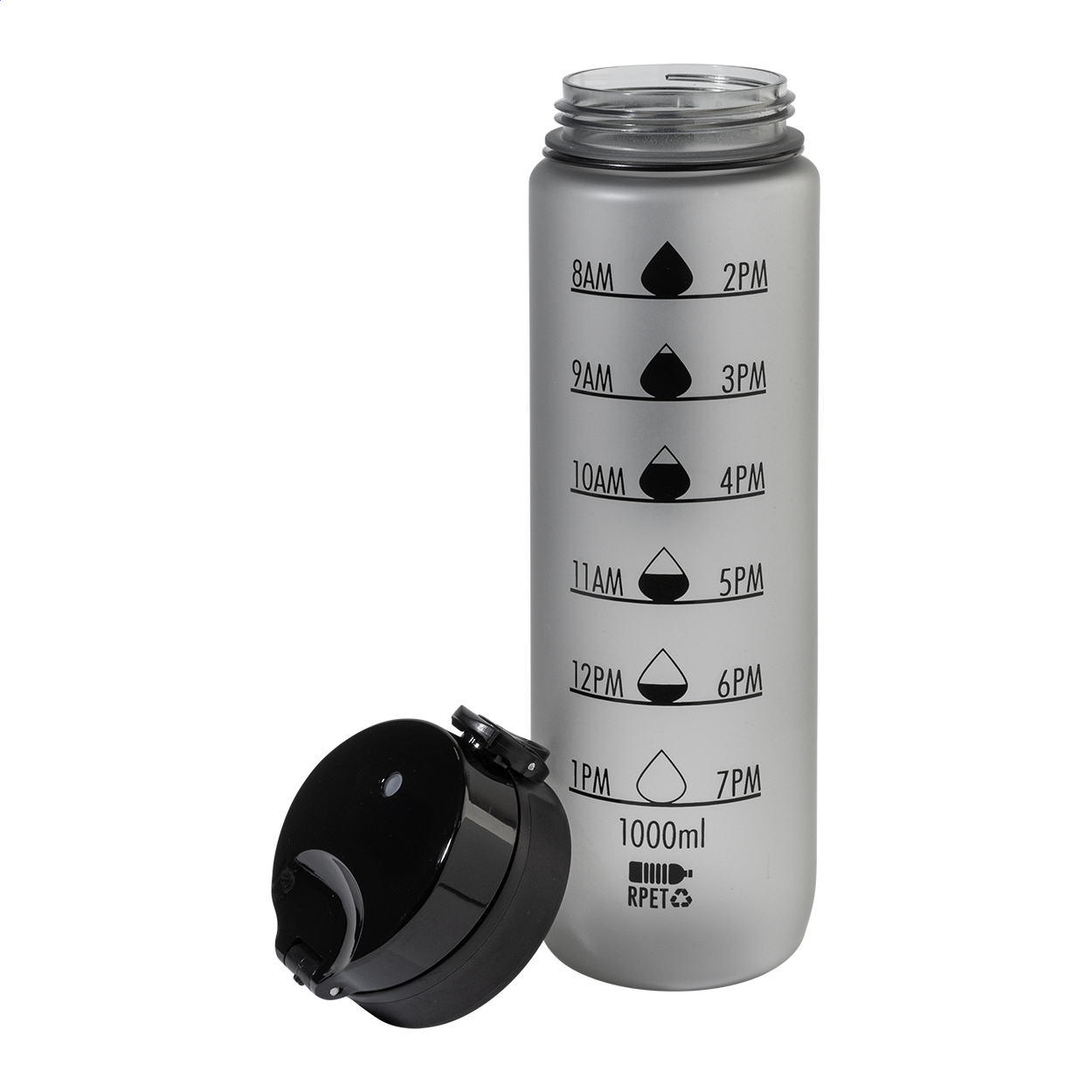 RPET Trinkflasche 1000 ml mit Motivationsanzeige & Flip-Top, bedruckbar