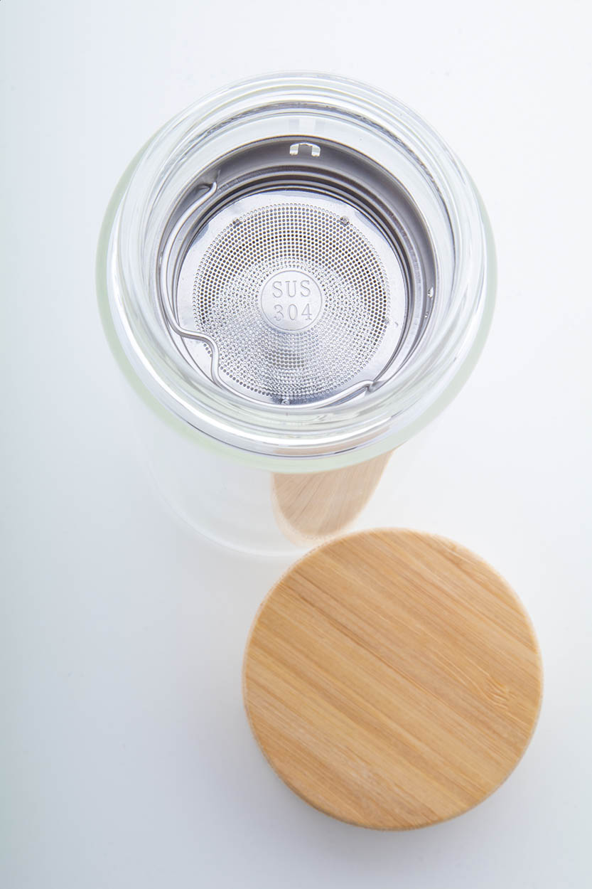 Glas-Thermoflasche Andina 420 ml – doppelwandig mit Tee-Ei & Bambusdeckel