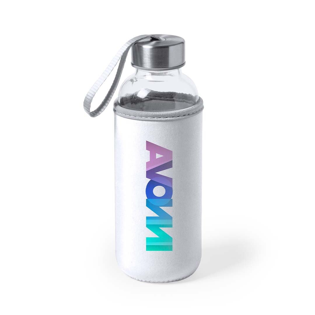 Glas-Trinkflasche Dokath 420 ml mit Neoprenhülle & Trageriemen