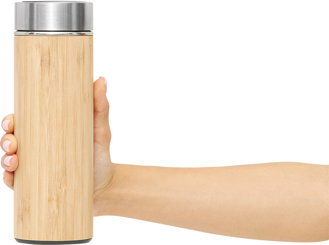 Isolierflasche Bambus BAMBOO TEMP, Edelstahl 400 ml mit Thermometer & Teesieb