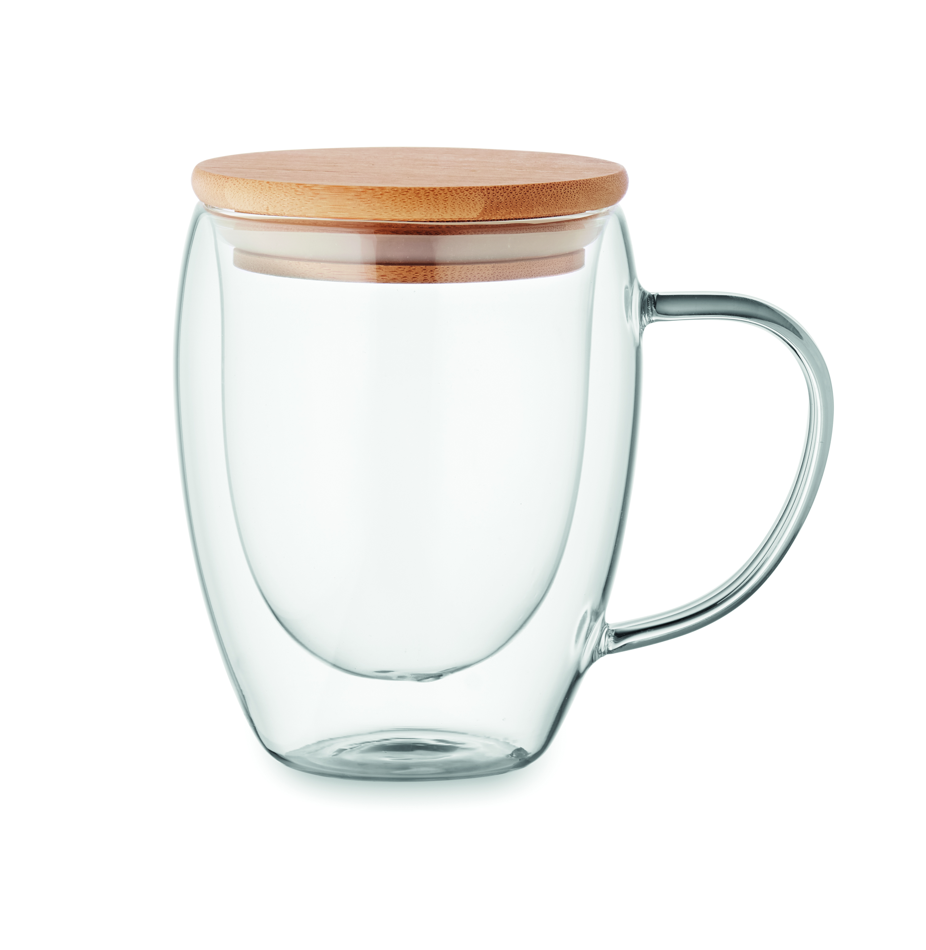 Borosilikatglas TIRAL 250 ml doppelwandig mit Bambusdeckel – bedruckbar